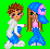 Pixel art buddy icon featuring two cartoon characters and blue text on a green background, with visible animation frames showing slight pose differences.