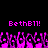 Pixelated pink text 'BethB11!' appears twice on a black background above a of pink and purple pixelated shapes resembling flames or abstract figures