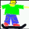 Animated sequence of a cartoon skater in green shirt and blue pants performing tricks on a black skateboard against white background.