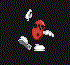 Red cartoon character with black sunglasses, white gloves and shoes, performing a sequence of arm movements against a black background.