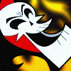 Animated cartoon character with white face, black eyes, red cheek patches, and a wide open mouth showing teeth in