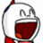 Pixelated cartoon character with white head and red accents, mouth open wide showing red interior, brown background with orange text.