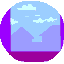 Animated sequence of a yellow bird with orange beak and wings interacting with a light blue envelope against a sky background with purple mountains.