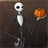 Animated skeletal figure with black limbs and white torso holding orange pumpkin, transitioning to close-up of skull face then full-body pose.