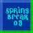 Blue background with green lines and pixelated text reading "spring break 09" in cyan