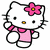 Pixelated white cat with black outline, pink flower on head, yellow nose, and pink bow around neck.