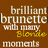 Pixelated text on brown background reads 'brilliant brunette with many blonde moments' in white and yellow lettering.