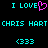 Pixelated cyan text and symbols on black background: 'I LOVE' with pink heart, 'CHRIS HART', and '<333' repeated twice.