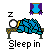 Pixel art of a person sleeping under a blue blanket with a white pillow, next to a purple and blue hourglass that changes color and pattern across frames.