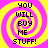 Four identical display a yellow and pink spiral background with black text reading YOU WILL BUY ME STUFF! in pixelated font