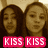 Two pixelated faces with brown hair appear side-by-side above pink rectangular labels displaying 'KISS' in white block letters.