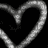A grayscale heart-shaped icon with a pixelated outline against a black background, featuring faint internal text.