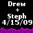 Pixelated text displays 'Drew + Steph 4/15/09' over a black background with purple wave-like borders, showing two identical frames where the rightmost frame's lower-right section is grayed out.