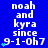 Blue background displays repeated white text "noah and kyra since 9-1-0h7" with small blue star symbols appearing in sequence across three
