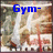 Blue text fragments 'Gym-', 'NAST-', and 'ics' appear sequentially over a blurred background with white, brown, and green tones.