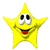 Six yellow star-shaped figures with white eyes, black pupils, and red mouths arranged in two against a gray background