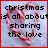 Static pixel art icon with red border, light blue background, and black text reading 'christmas is all about sharing the love' over blurred pinkish figure.