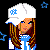 Pixel art contact sheet showing three distinct animated frames of a cartoon character with blue and white clothing, stars, and stylized text on black background.