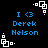 Pixelated blue text and white geometric shapes on black background with repeated 'I <3 Derek Nelson' layout.