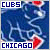 Static pixel art icon featuring blue and white text on a dark blue background with red accents, depicting 'CUBS' at top left and 'CHICAGO' at bottom center.