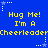 Blue background with yellow text repeating 'Hug Me! I'm A Cheerleader' and white star graphics in pixelated style.