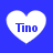 Four white heart shapes on a blue background, each containing the text "Tino" in blue font.