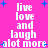 Pixelated text on a bright pink background with scattered blue plus signs, repeating 'live love and laugh alot more' in white block letters.