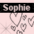 Animated contact sheet showing two frames of a buddy icon with pink background, black text banner reading "Sophie," and pixelated heart symbols in gray on light pink.