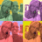 Four pixelated cartoon-style icons arranged in a 2x2 grid: green tree with yellow trunk, purple elephant-like figure, pink dog faces, and brown bear face.