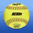 Yellow softball with red stitching and black text on blue background, paired with white pixelated text on black background.