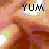 Pixelated icon with abstract pastel background and black text reading 'YUM' in a speech bubble above a dark red shape.