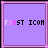 identical purple square icons with pink borders, each displaying 'FIRST ICON' text where the first letter alternates between black and pink across frames