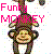 Pixelated static icon of a cartoon monkey with pink text "Funky Money" above it, set against a white background with scattered colored dots.