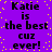 Purple background with yellow pixelated dots and repeated black text reading "Katie is the best cuz ever!" in a pattern