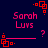 Pixelated text 'Sarah Luvs' in pink on dark blue background with red geometric shapes and question marks.