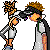 Pixel art of two figures in a close pose with text 'In Love' on blue background; one figure has spiky hair and dark glasses, the other wears a white headband.