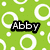 Green background with white circular patterns and the name 'Abby' in black-outlined pixelated text.