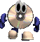 A circular metallic object with blue limbs and beige feet, displaying multiple facial expressions and arm positions