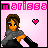 A 4x3 contact sheet of a pixel art animated icon featuring a cartoon woman with brown hair and orange skin, wearing black clothing and a gray scarf, against a pink background with repeated "marissa" text at the top of each frame.