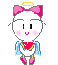 Pixel art angel icon with pink bow, blue wings, and heart-shaped chest emblem in four variations showing halo and heart color changes.