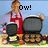 A pixelated image of a person in a red apron holding two grills, with text changing across three : "Ow!", "I burnt", and "my foot..."