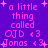 A purple background with pink pixelated text reading "a little thing called OJD <3 Jonas <3" and small white plus signs scattered throughout.
