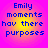 Four identical circular icons with pink-to-yellow gradient backgrounds display blue pixelated text reading "Emily moments hav there purposes" in four lines.