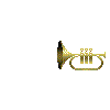 Animated sequence showing two golden trumpets emitting red musical notes, with a separate frame containing a teddy bear holding a heart-shaped 'Hugs' sign.