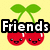 Pixelated cherry-themed icon with two red cherries, green leaves, and the word 'Friends' in white text on a black bar over yellow background.