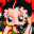Pixelated cartoon character with large eyes and pinkish skin, repeated in a pattern against black background with red accents