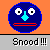 Two pixelated blue circular faces with cyan noses and white eyes on an orange background, each displaying different mouth expressions beneath the text "Snood!!!".