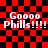 Red and black checkered background with repeated white text 'Goooo Phillies!!!' in four quadrants, each showing a different pixelated explosion effect.