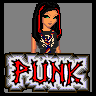 Pixel art of a character with black hair and red streaks holding a sign reading 'PUNK' in stylized red letters on white background.