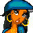 Pixel art character with orange skin, blue beret, yellow hoop earrings, and blue top; six text with teal heart icons display 'got the felluhs chasin ME' in pixelated font